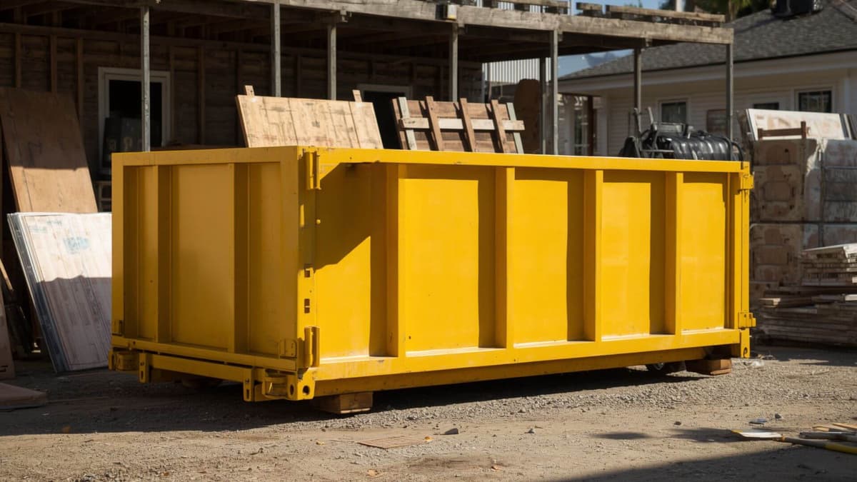 Construction Dumpster Rental in Allentown, PA — amber roll off dumpster on a construction site beside stacked lumber