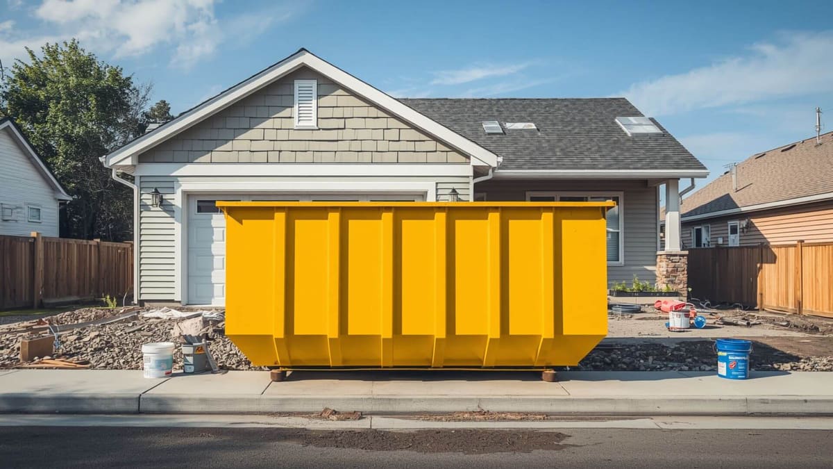 Amber roll off dumpster parked on a residential driveway