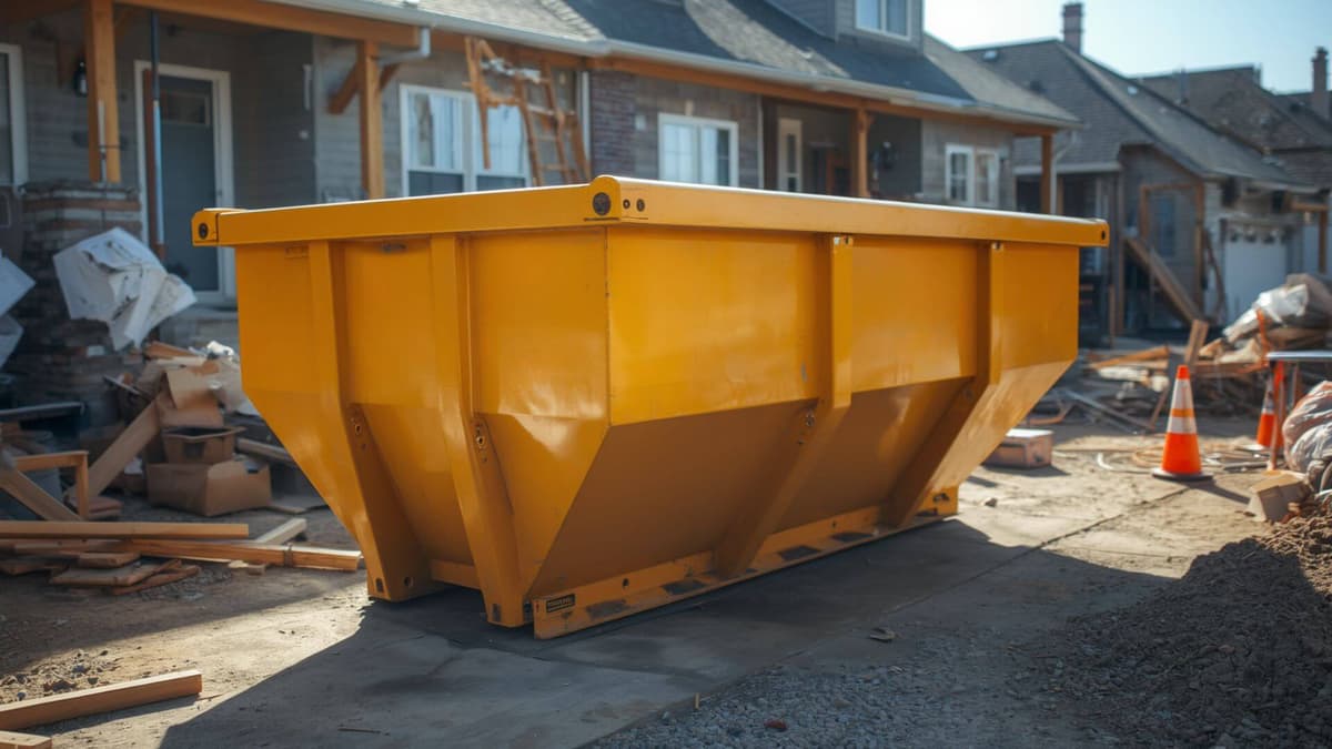 Construction Dumpster Rental in Emmaus, PA — amber roll off dumpster on a construction site beside stacked lumber