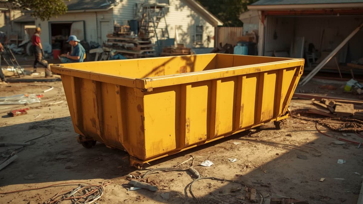Construction Dumpster Rental in Fountain Hill, PA — amber roll off dumpster on a construction site beside stacked lumber